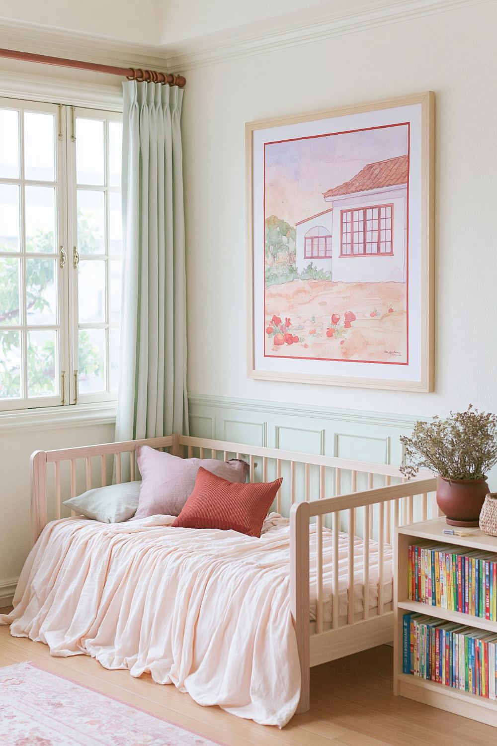 A calm, naturally-lit child's bedroom in soft peach and sage with a daybed and book ledge